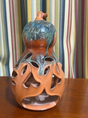 Handcrafted Terra Cotta Gourd Lantern with Blue-Green Drip Glaze